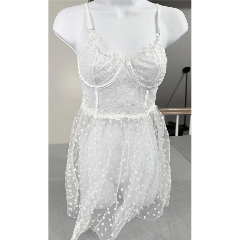 Sheer Lace Heart‎ Tulle Teddy Lingerie Babydoll White S